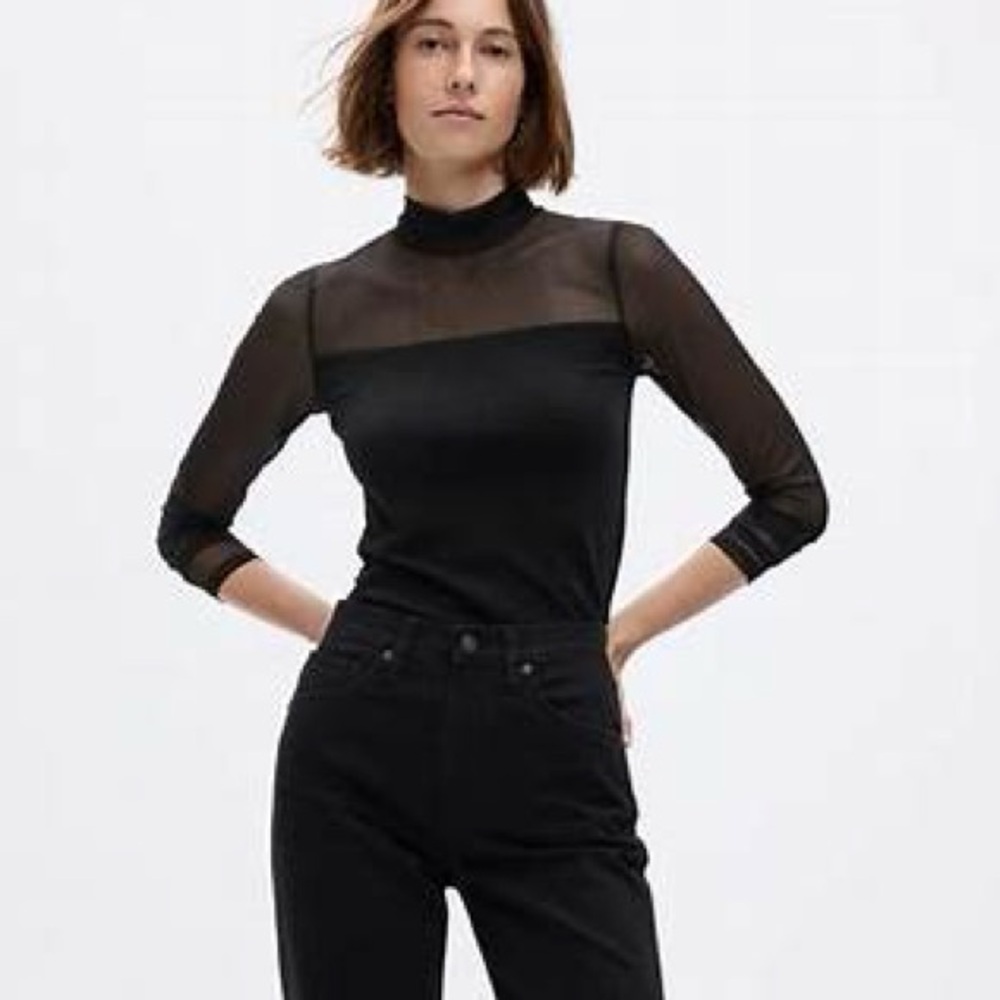 GAP Black Modern Mock Neck Mesh Long Sleeve T-Shirt